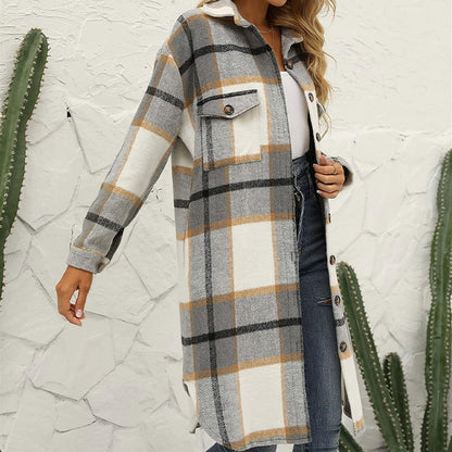 Women'S Casual Wool Blend Long Plaid Shirt Jacket Button down Pocketed Shirt Shacket