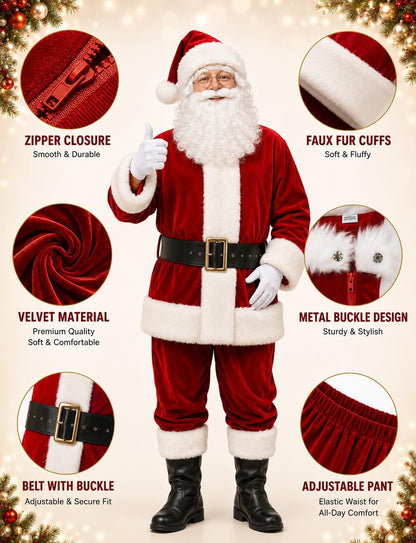 Men'S Deluxe Santa Suit 11Pc. Christmas Adult Santa Claus Costume