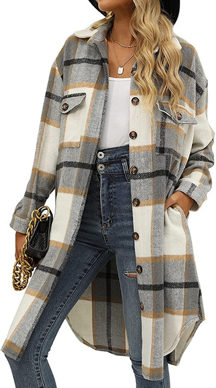 Women'S Casual Wool Blend Long Plaid Shirt Jacket Button down Pocketed Shirt Shacket