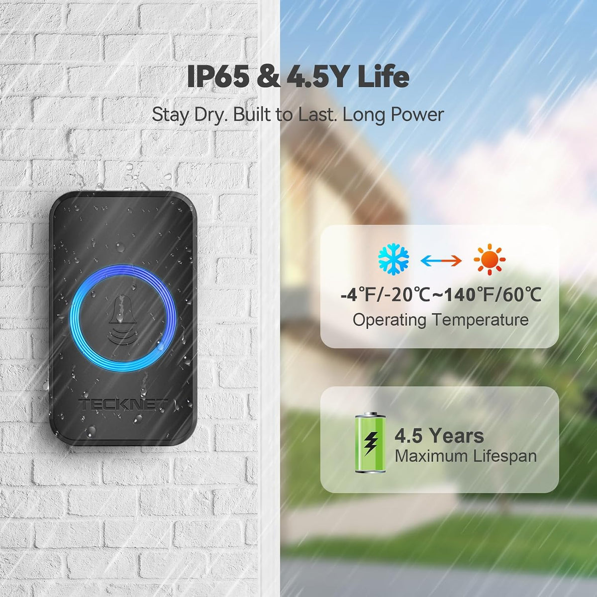 Wireless Doorbells for Home, IP65 Waterproof 1,300Ft 120Db Door Bell Ringer Wireless for Classroom with 60 Chimes & 5 Volume Levels, LED Flash