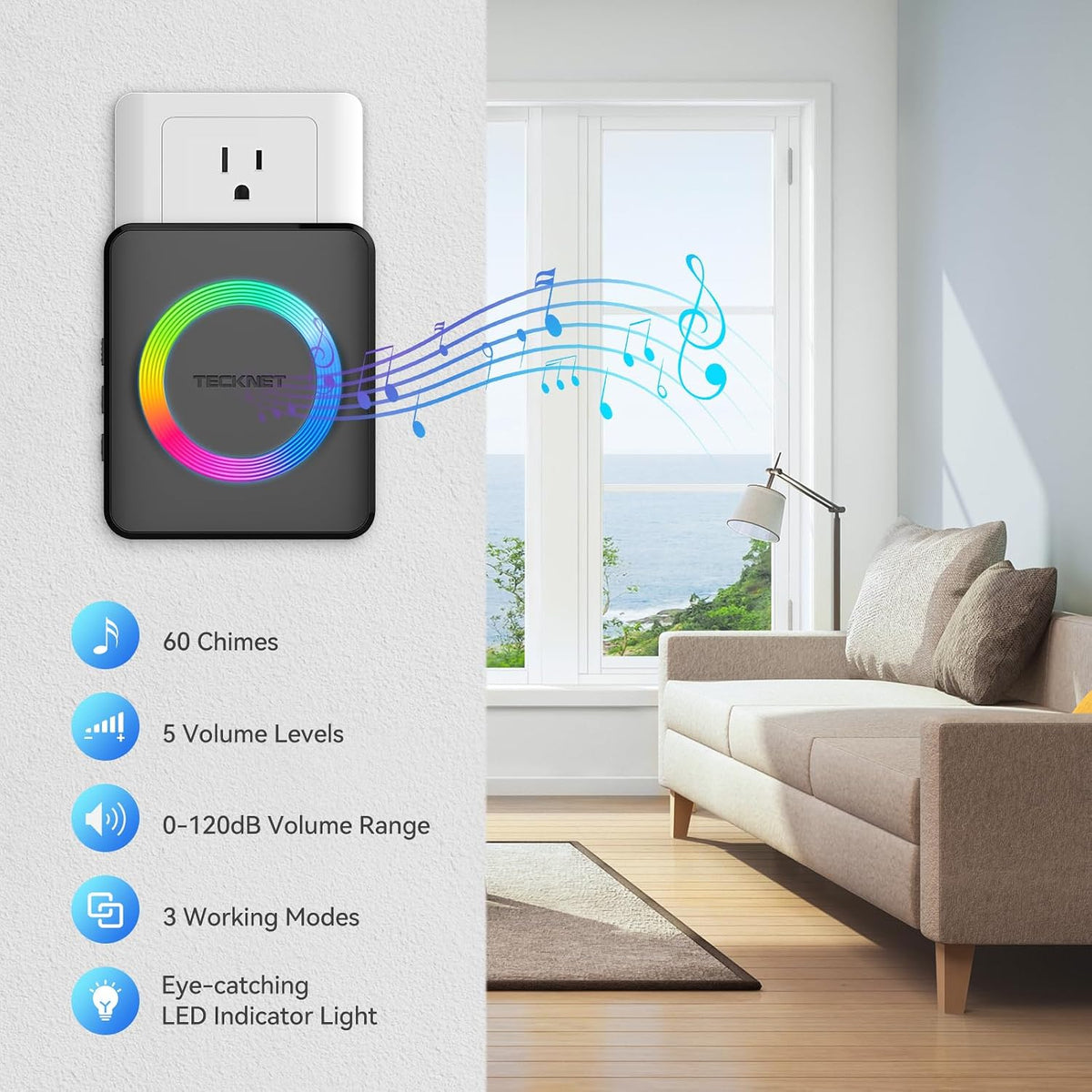 Wireless Doorbells for Home, IP65 Waterproof 1,300Ft 120Db Door Bell Ringer Wireless for Classroom with 60 Chimes & 5 Volume Levels, LED Flash
