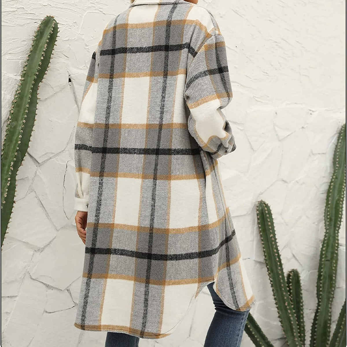 Women'S Casual Wool Blend Long Plaid Shirt Jacket Button down Pocketed Shirt Shacket