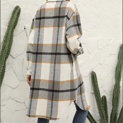 Women'S Casual Wool Blend Long Plaid Shirt Jacket Button down Pocketed Shirt Shacket